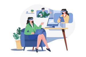 Businesswoman puts on VR glasses for online meeting metaverse virtual reality technology at home vector