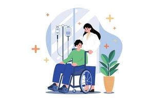 enfermera ayudando al hombre discapacitado concepto de ilustración. una ilustración plana aislada sobre fondo blanco vector