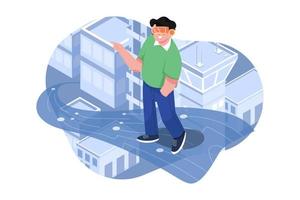 High angle view of a man walking on the digital bridge to a futuristic metaverse smart city vector