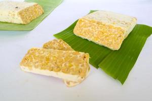 Raw tempeh or tempe. tempeh slices in white background. raw soybean seeds. Tempe is a traditional Indonesian food made from fermented soybeans. photo