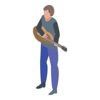 Boy play at acoustic guitar icon, isometric style vector