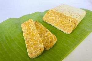 Raw tempeh or tempe. tempeh slices in white background. raw soybean seeds. Tempe is a traditional Indonesian food made from fermented soybeans. photo