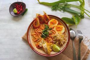 laksa, laksa curry made from vermicelli, noodles, bean sprouts, egg, tofu lime, and shrimp with a spicy soup sauce that is rich in spices. laksa served on bowl, isolated on white background. photo