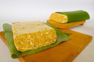 Raw tempeh or tempe. tempeh slices in white background. raw soybean seeds. Tempe is a traditional Indonesian food made from fermented soybeans. photo