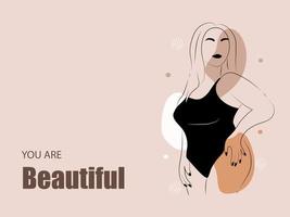 Body positive. Abstract minimalistic female figure. Linear elegant women in lingerie and swimsuit on abstract simple shapes. Promotion design for social media, logo for shop, beauty salon, underwear. vector