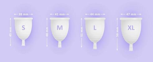 Feminine menstruation cup set. Different sizes of cups S, M, L, XL. Womans menstrual care. 3D realistic vector illustration of intimate hygiene products.