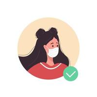 Female avatar with face mask. Woman as doctor or nurse. Quarantine and social distancing. Coronavirus epidemic. Vector illustration in flat cartoon style.