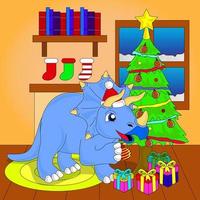 dinosaurio abriendo regalos de navidad, escena casera, árbol de navidad, vector, eps 10, editable vector