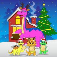 dinosaur singing christmas carol, snow, night, vector, eps 10, editable vector