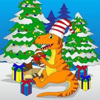 dinosaur opening christmas presents, snow, fir tree, vector, eps 10, editable vector