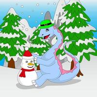 dinosaur making a snowman on christmas eve, vector, eps 10, editable vector