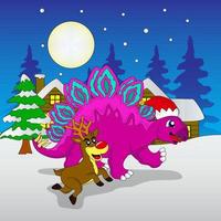 walking dinosaur enjoying christmas eve with reindeer, snow, fir trees, vector, eps 10, editable vector