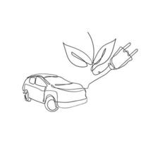 coche de dibujo de línea continua con símbolo de hoja para ilustración de energía ecológica vector