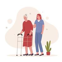 diseño plano de la abuela camina con el cuidador. ilustraciones para sitios web, páginas de inicio, aplicaciones móviles, carteles y pancartas. ilustración de vector plano de moda