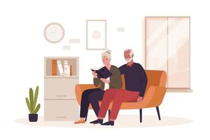 Grandpa and grandma reading a book on the sofa. Illustrations for websites, landing pages, mobile apps, posters and banners. Trendy flat vector illustration