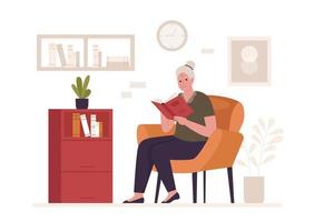 abuela leyendo un libro en el sofá. ilustraciones para sitios web, páginas de inicio, aplicaciones móviles, carteles y pancartas. ilustración de vector plano de moda