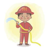 Kid firefighter vector illustration. Firefighter with firehose. Career day in kindergarten. Fireman isolated vector illustration. Flat kid character. Fireman child.
