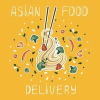 Asian food delivery. Korean or Chinese food. Discount card. Suitable for restaurant banners, and fast food advertisements. vector