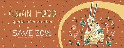 Voucher for an Asian restaurant. Korean or Chinese food. Discount card. Suitable for restaurant banners, and fast food advertisements. vector