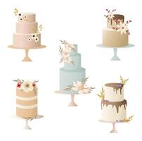 Wedding cake decorated with flowers and leaves. birthday or wedding cake vector