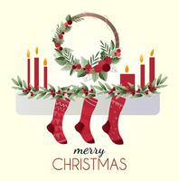 Christmas card. hanging on the fireplace socks for gifts, candles and a Christmas wreath vector