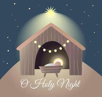 Baby Jesus in the manger.. Star of Bethlehem - east comet. Nativity graphics design with light pastel gradient. Merry Christmas card. vector