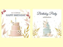 tarjeta de cumpleaños con pastel, flores, velas y deseos. ilustración de esbozo de contorno de color de vector de dibujos animados aislado sobre fondo blanco