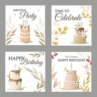 Birthday card with cake, flowers, candles and wishing. cartoon vector color outline sketch illustration isolated on white background