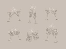 Cocktail glasses cheers for prosecco, wine, whiskey, vermouth, gin, martini, aperol, margarita in modern flat line style drawing on gray background vector