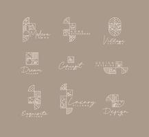 Set of creative modern art deco labels in flat line style drawing on coffee background. vector