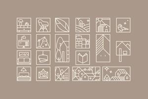 Set of creative modern art deco signs in flat line style drawing on coffee background. vector