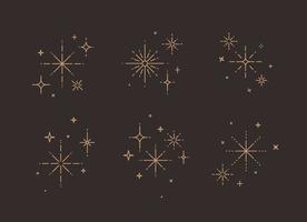 Clink splashes, stars, glowing in flat line art deco style drawing on brown background vector