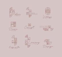 Set of creative modern art deco labels in flat line style drawing on purple background. vector