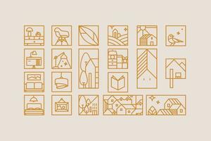 Set of creative modern art deco signs in flat line style drawing on beige background. vector