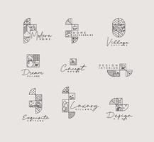 Set of creative modern art deco labels in flat line style drawing on gray background. vector