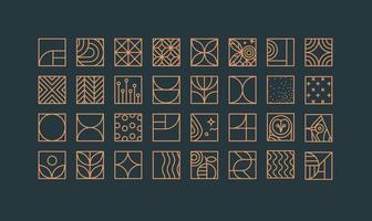 Set of creative modern art deco icons in flat line style drawing on blue background. vector