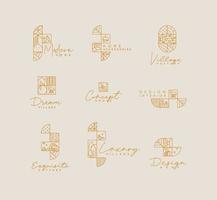 Set of creative modern art deco labels in flat line style drawing on beige background. vector