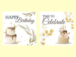 Birthday card with cake, flowers, candles and wishing. cartoon vector color outline sketch illustration isolated on white background