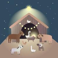 A Christmas nativity scene cartoon, with baby Jesus, in the manger with animals. Christian religious illustration.