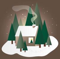 a house in the forest among snow-covered trees with a Christmas tree in the window vector