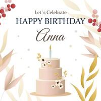 Birthday card with cake, flowers, candles and wishing. cartoon vector color outline sketch illustration isolated on white background