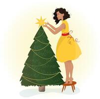 a cute girl in a dress decorates a Christmas tree. festive atmospheric illustration vector