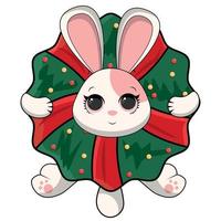 Year of rabbit. Christmas bunny in santa hat with lollypop. Chinese New year 2023 symbol. Vector illustration in cartoon style. Design element for greeting cards, holiday banner, decor.