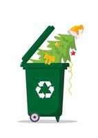 Christmas tree with garland and santa hat in a bin with a recycling sign. Post-holiday cleaning. Environmentally friendly, green holidays, reasonable consumption. For stickers, posters, postcards vector