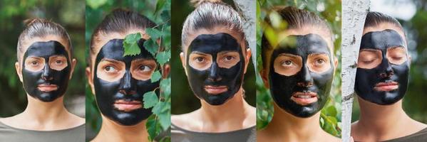 Beautiful image collage of woman in nature with black mask on face photo