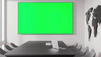konferens rum med tom grön TV skärm. övervaka falsk upp med krom nyckel. företag möte rum med tömma lcd skärm för presentation, reklam. modern kontor. kopia Plats. 3d animation. video