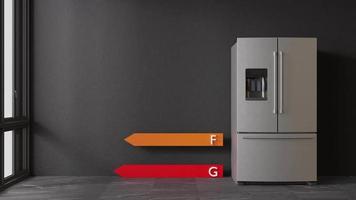 Kühlschrank und Energieeffizienz-Bewertungstabelle im Zimmer. elektrische Haushaltsgeräte. modernes Küchengerät. Edelstahl-Kühlschrank mit Doppeltüren, Gefrierschrank. Energie sparen. 3D-Animation. video