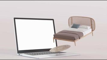 Laptop with flying furniture. Shopping online. Boho furniture shop, interior details. Furnishings sale or interior project concept. Buy sofa, table, chair, commode via internet. E-commerce. 3d render. video