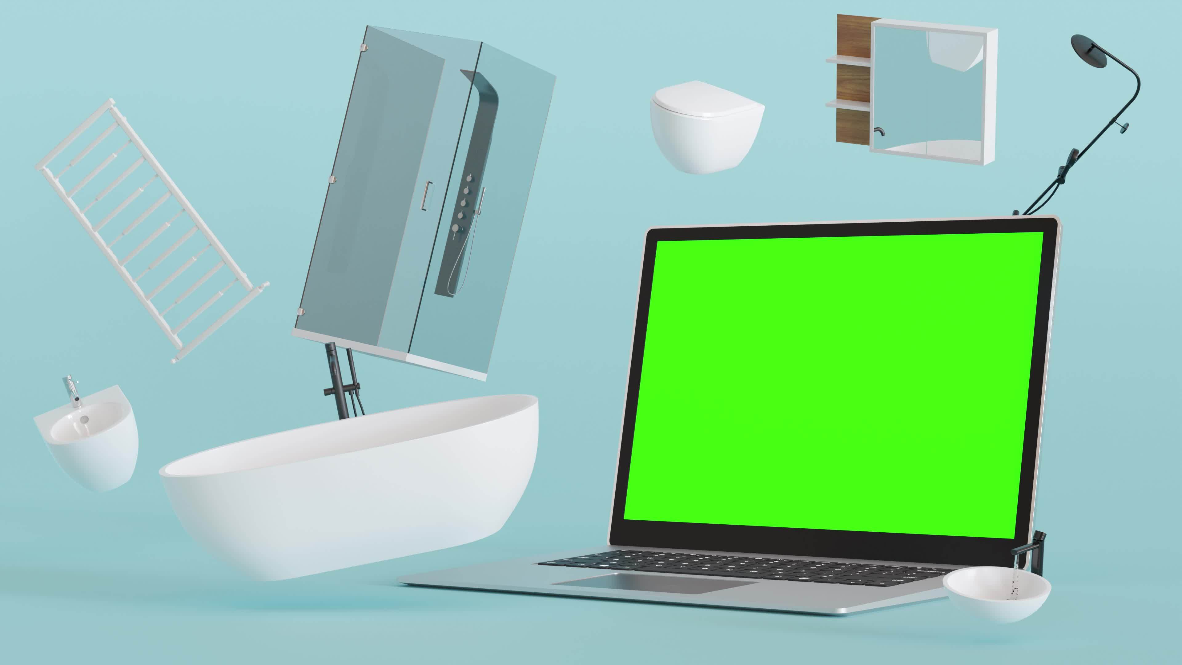 Laptop with blank green screen and flying bathroom details, sanitary wares.  Shopping online. Computer mock up, Chroma Key. Copy space for video, app,  website presentation. E-commerce. 3D animation. 15849345 Stock Video at