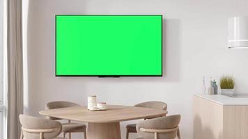 tv led con pantalla verde en blanco, colgada en la pared de casa. maqueta de video de tv con clave de croma. copiar espacio para publicidad, películas, presentación de aplicaciones. pantalla de televisión vacía. interiores modernos procesamiento 3d